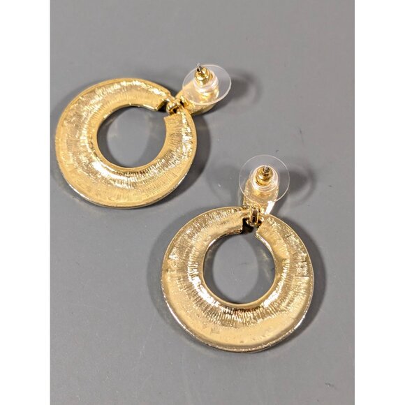 Vintage Red Enamel Gold Tone Round Hoop Dangle Earrings Pierced - Picture 5 of 6